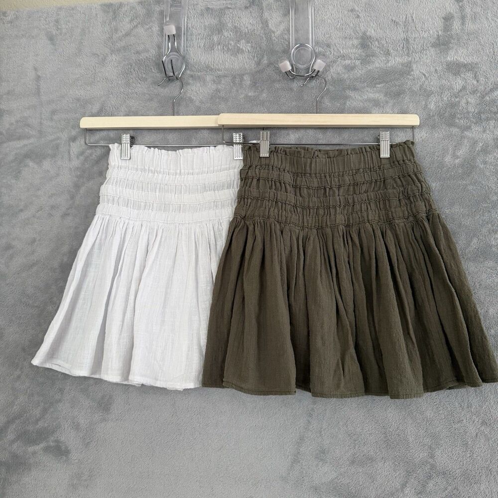 Lot of 2 Rewash Mini Skirt Womens Small Olive Green White Cotton Gauze Pull On